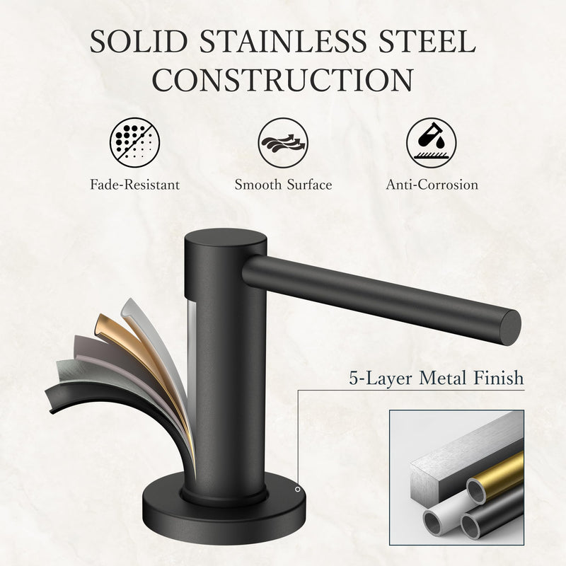 FORIOUS Soap Dispenser for Kitchen Sink, Black Stainless Steel Liquid Dish Soap Dispenser Pump with Top Refill 17oz Soap Bottle, Built in Sink Lotion Dispenser for Kitchen Countertop Matte Black