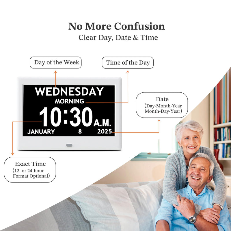2025 NEW, Digital Clocks, 7'' Dementia Clock with Date and Time for Elderly, Auto-Dimming, 12 Reminders & 6 Alarms, Button & Remote Control, Auto DST, Digital Calendar for Seniors Large Display White