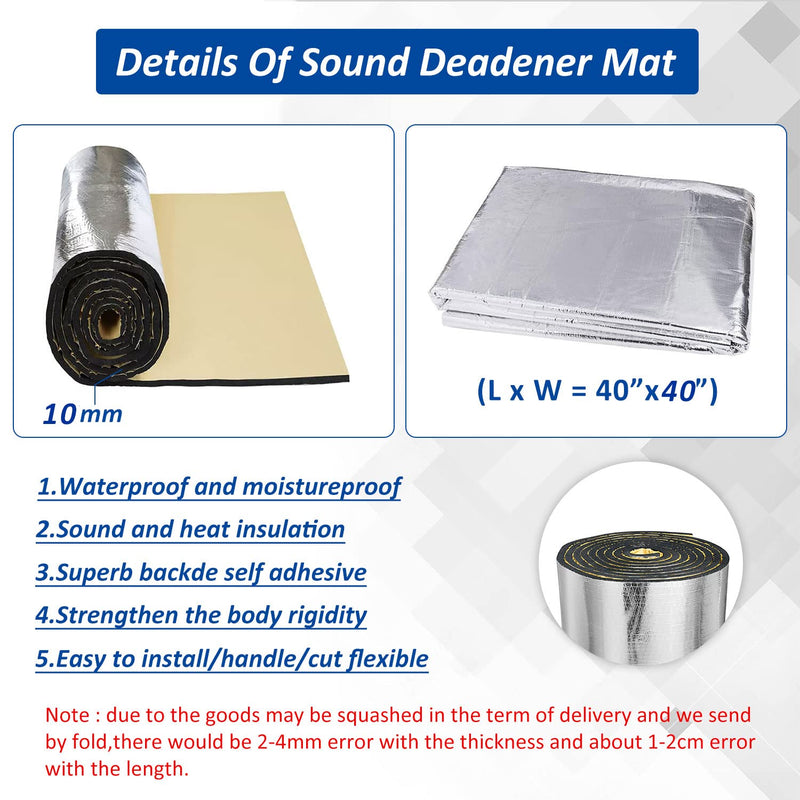 Car Heat Sound Deadening Insulation Mat, - 394 Mil 10.8 Sqft Automobile Sound Deadening & Heat Insulation Material for Auto Hood Engine Roof Door and Trunk,40 Inch x 40 Inch, Aluminum Foil Finish 40 x 40"(10.8sqft)