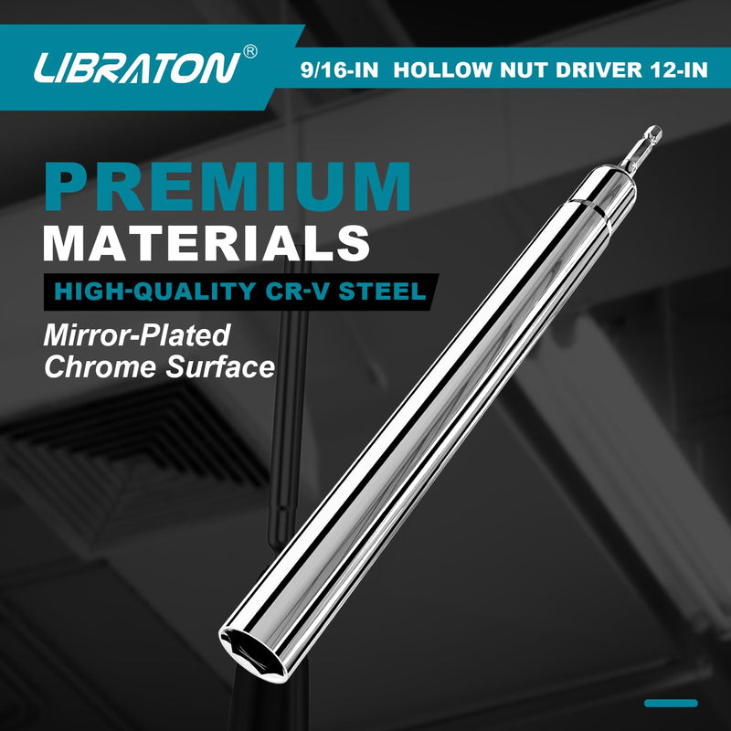 Libraton Hollow Nut Driver, Power Nut Driver Set 9/16", 12 inch Long with 1/4" Hex Shank 12-inch long 9/16-inch