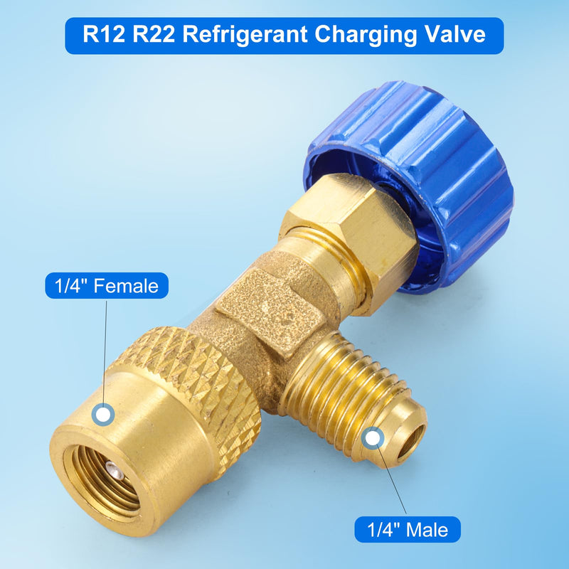 R12 R22 Refrigerant Charging Valve, Safety Flow Control Ball Valve, Brass Low Loss HVAC Fittings for R12 R22 AC Manifold, Mini Split Air Conditioner Tool (1/4'' Male x 1/4'' Female) 1/4'' Male x 1/4'' Female