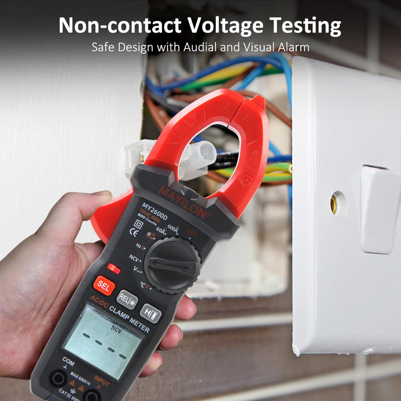 Digital Clamp Meter, Multimeter 6000Counts Volt Meter Auto-ranging Measures AC/DC Amp Clamp, NCV Non Contact Check Function (MAYILON MY2600D) 6000 Counts AC/DC Current