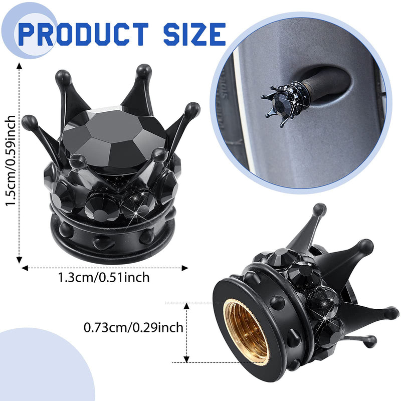 4 Pieces Crown Tire Valve Stem Caps Bling Handmade Crystal Rhinestone Universal Chrome Crown Vehicle Car Tire Caps Covers, Attractive Accessories for Car (Black) Black