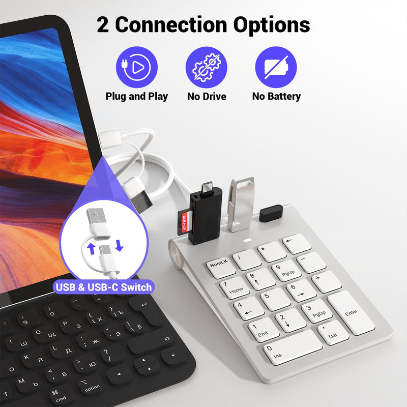 2 in 1 USB & USB-C Number Pad with USB Hub for Laptop/PC, 15° Ergonomic | Wired Numeric Keypad for MacBook/Laptop/Desktop/Surface/iPad, Plug & Play 18 Keys Numpad for Windows, macOS & Chrome OS
