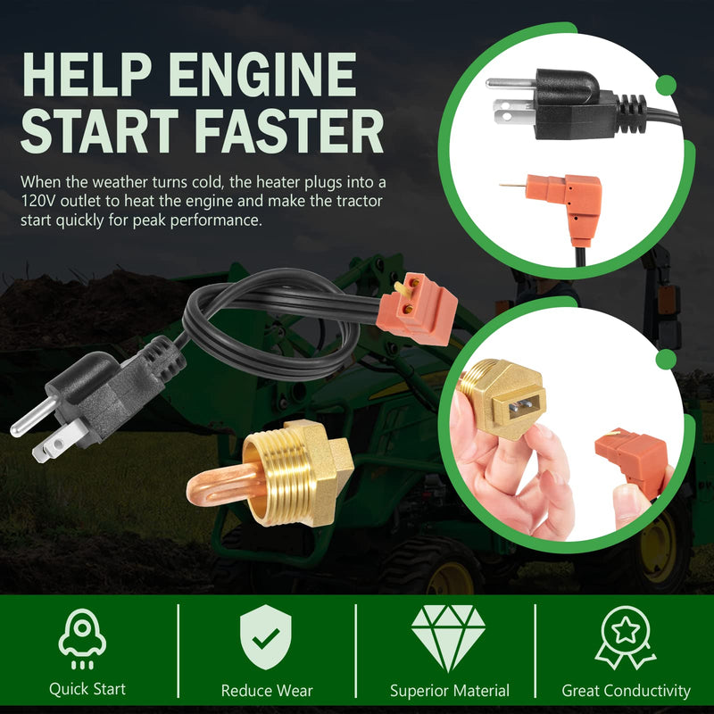 AR87167 Engine Block Coolant Heater Kit with AR8767 Heater Element & AR87168 Power Cord, for John Deere 1025R 110 2210 2305 4210 445 X495 XUV Gator 850D 855D 855M 865E Tractors