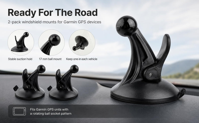 2PCS GPS Suction Cup Mount for Garmin, 17mm Ball Socket Replacement GPS Holder, Adjustable Suction Cup for Windshield and Dashboard, Fits Nuvi Drive DriveSmart Series