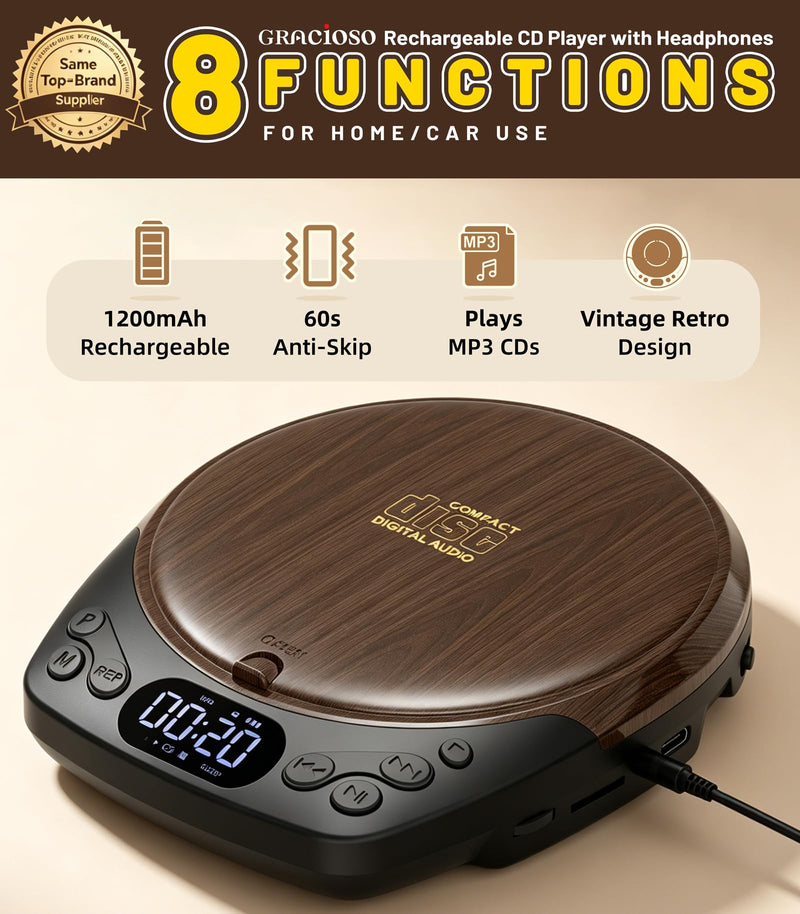 Gracioso Rechargeable Portable CD Player with Headphones for Car & Home | CD/MP3/Micro SD/AUX Out Supported, Retro CD Player, 60s Anti-Skip, Lock/Programmable/Timer, No Built-in Speakers (Walnut Walnut CD Player with 1200mAh Rechargeable Battery