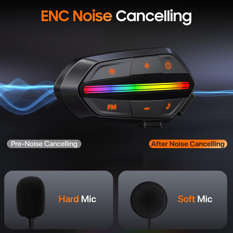 Motorcycle Bluetooth Headset V5.3, Noise Cancelling Helmet Speakers with High Volume, Dual Mic, 1000mAh Battery, IPX6 Waterproof & RGB Lights for Riding Black