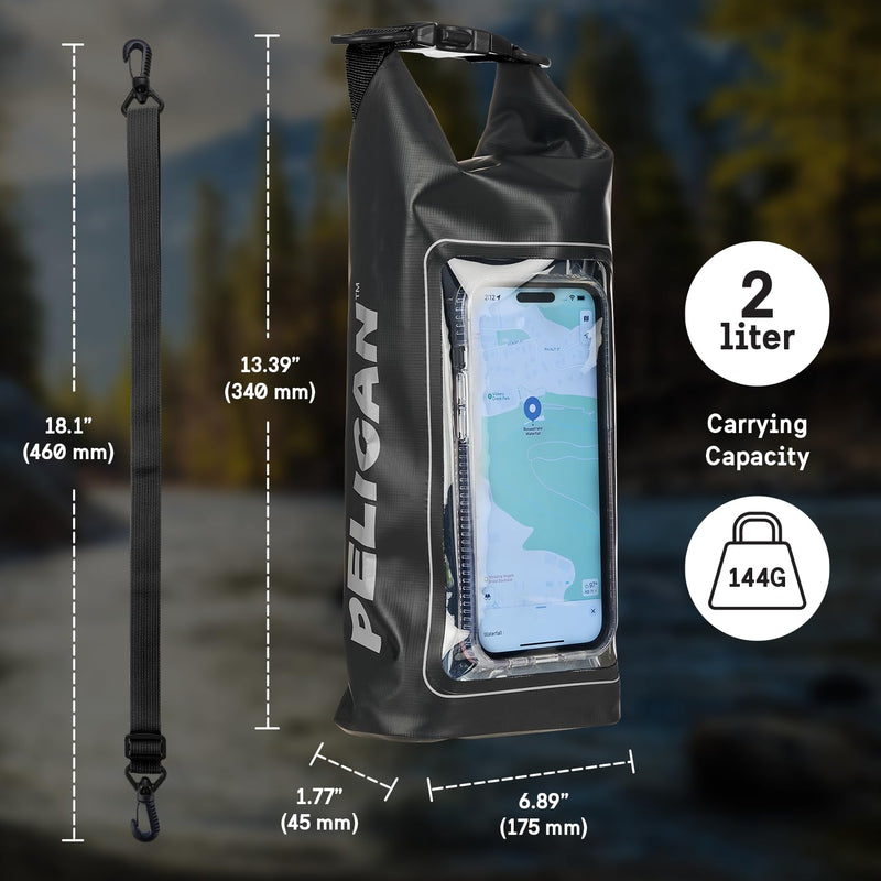 Pelican Marine IP68 Waterproof Dry Bag 2L - Roll Top Waterproof Backpack w/Phone Case/Pouch - Boating & Kayak Accessories - Essentials for Camping Swimming Beach Fishing Rafting Travel - Black Stealth Black - 2L