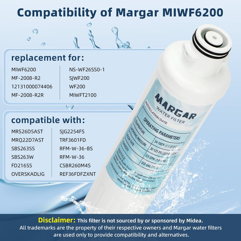 MIWF6200 Water Filter, Filter Cartridge Compatible with Midea® MRS26D5AST and MRQ22D7AST Models Water Filters, MIWF6200 Water Filter Replacement for Sharp® SJWF200 Filters (3 PACK) 3 PACK