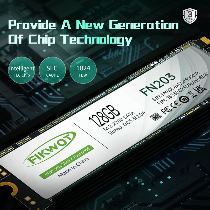 Fikwot FN203 M.2 SATA SSD - SLC Cache 3D NAND TLC SATA III 6Gb/s M.2 2280 NGFF Internal Solid State Drive, Up to 550MB/s, Compatible with Ultrabooks, Tablet Computers and Mini PCs (128GB) 128GB