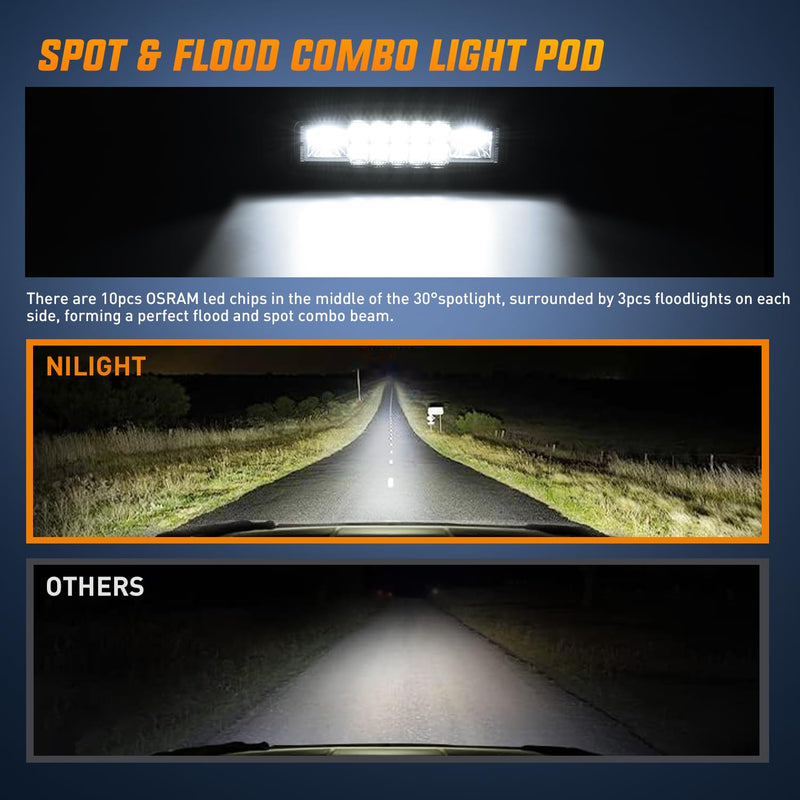 Nilight Flush Mount LED Pods 2PCS 6 Inch 60W LED Work Light Flood Spot Beam Combo Backup Driving Lights Fog Lamp Reverse Grill Mount Lighting for Offroad 4x4 Truck SUV 2Pcs 20LEDs LED Pods