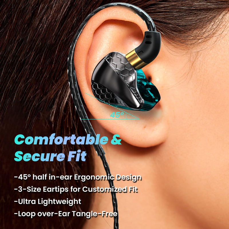 HiFi In-Ear Wired Headphones, Fixed Cable IEM with Mic, Gaming Earbuds | 3.5mm Jack;with Graphene Diaphragm；Rich Bass, Warm Midranges, Crisp Trebles；for Musicians,Singers and Gamers Blue