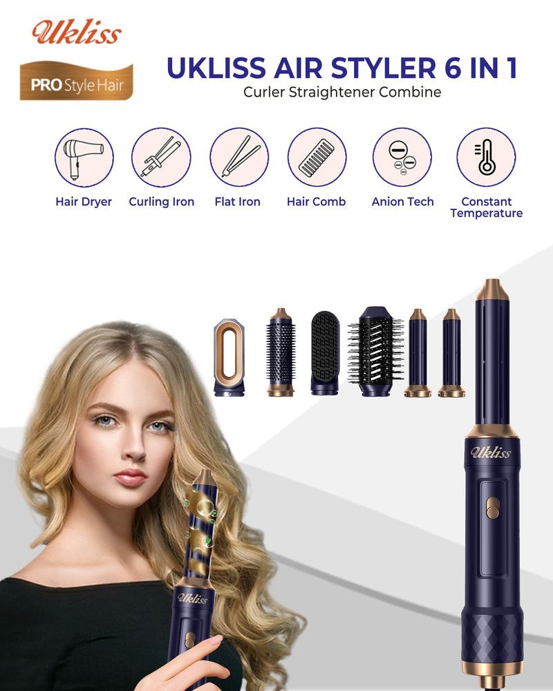 UKLISS 6 in 1 Hairstyler Pro, Hair Dryer Brush Set with Hair Wrap Curler | Airbrush 6 in 1 Airstyler Mit Hair Straightener, Thermal Brush, Hot Airbrush, Multistyler Gifts Set for Women Hair Styling Blue Gold