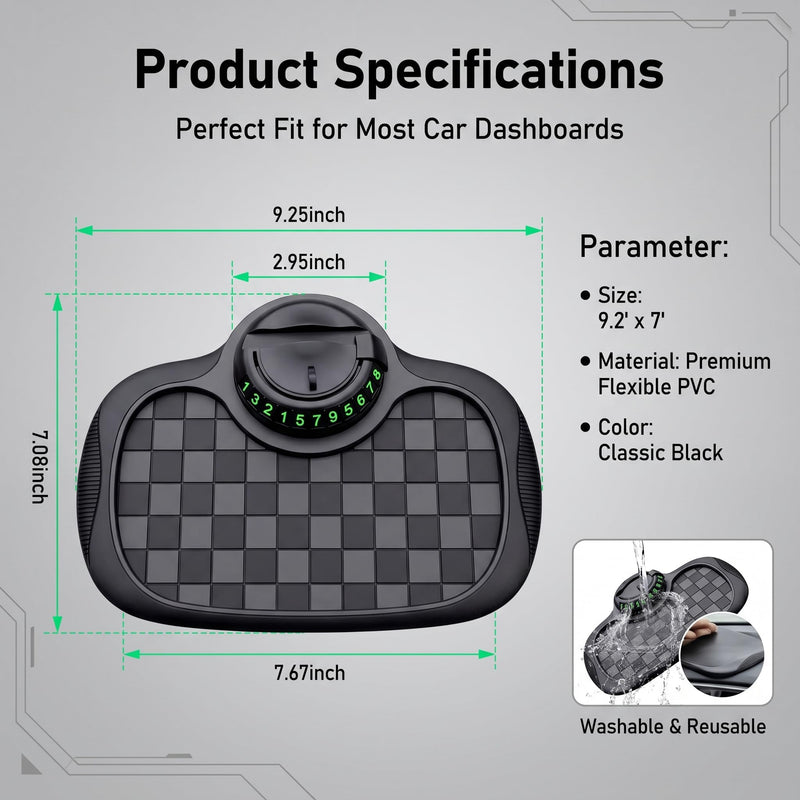 Multifunction Car Anti-Slip Mat, Large Sticky Pad & Rotatable Phone Holder & Hidden Parking Number, PVC 9.2" x 7.0" Mat for Key & Sunglass & Ornament, Dashboard Accessory for Cars (Black) 1 PC Black #02