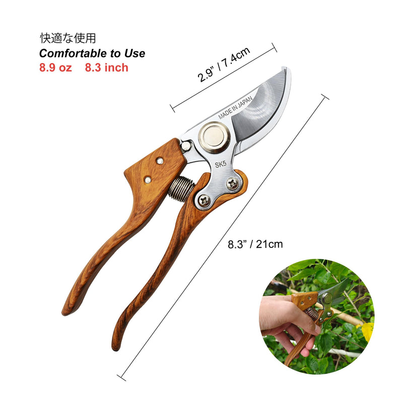 TONMA Bypass Pruning Shears [Made in Japan] 8 inches Professional Garden Shears, Japanese Secateurs Hand Pruner Hedge Clippers, Aluminum Alloy Handle Bypass Pruning Shears (Wood Grain)