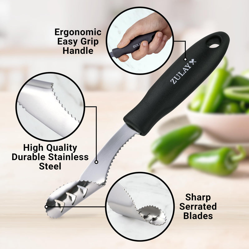 Zulay Kitchen Jalapeno Corer & Seed Remover – 430 Stainless Steel Pepper Coring Tool with Serrated Blade for Effortless Deseeding – Chili, Bell Pepper and Jalapeno Core Remover for Cooking & Grilling