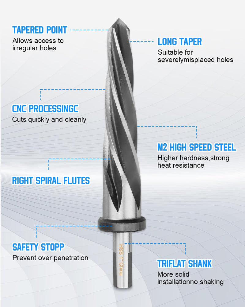 1" Drill Bridge/Construction Reamer Bit with 1/2" Non-Slip Shank M2 HSS Taper Chucking Reamer Bit Tool for Steel Metal Wood Alloy Drilling Hole 1 in