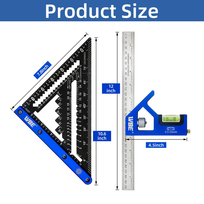 7inch Rafter Square and 12inch Combination Square Set -CNC-Machined Aluminum Alloy,Heavy Duty Carpenter Square for Woodworking and Home DIY Blue