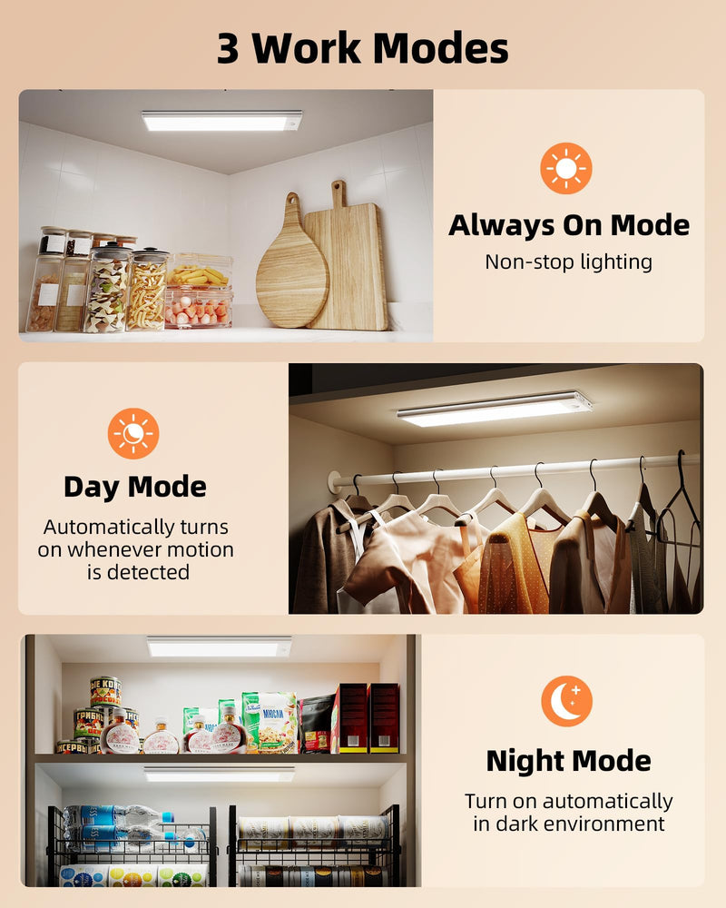 EZVALO 220LM Super Bright Under Cabinet Lighting Wireless, 5000mAh Rechargeable Battery Motion Sensor Light Indoor, Dimmable Under Counter Lights for Kitchen, 3-Inch Ultra-Wide Panel Closet Light White 2Pack-12inch