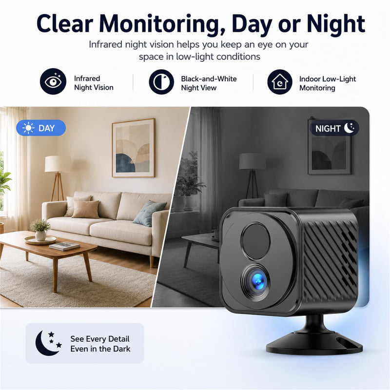 Mini Camera Wireless 4K WiFi Security Camera, Battery Powered PIR Alerts | 150° wide view for home, pet and office monitoring, 1200mAh rechargeable battery with up to 30-day standby and app control