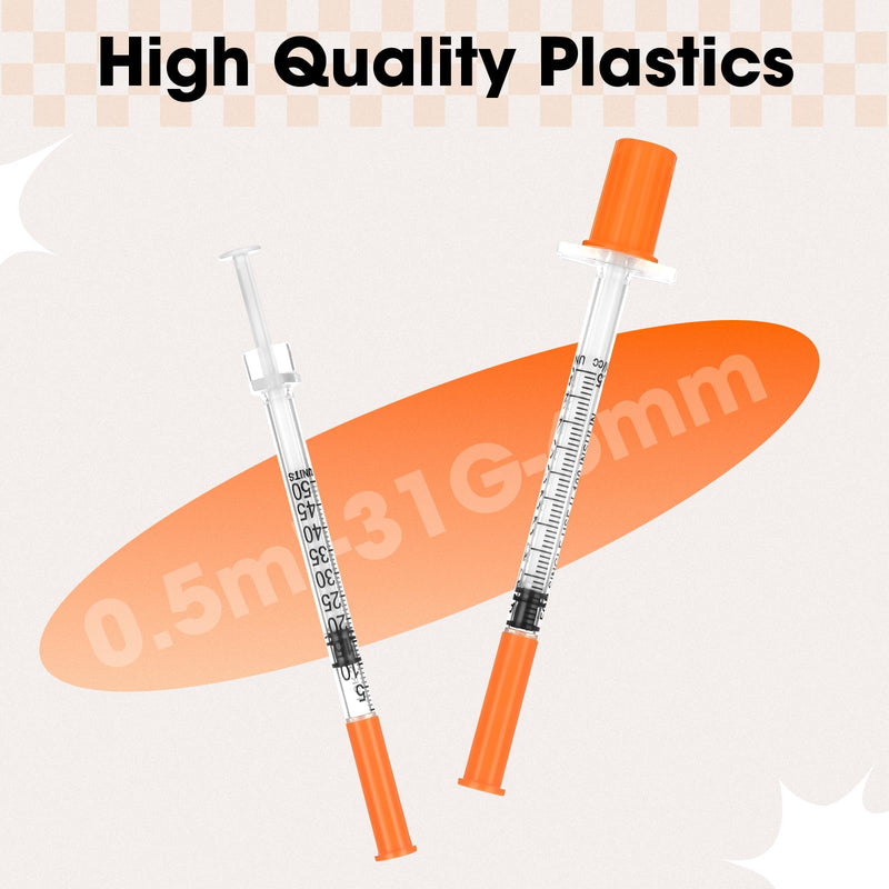 0.5ml Syringe with Cap, 31G 1/4" 6mm 1/2cc Syringes, Disposable Individual Package, Pack of 100 1/2cc-31G 1/4"