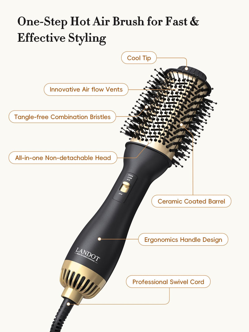 LANDOT Hair Dryer Brush, Hot Air Styler Volumiser, 60mm Oval Blowout Brush | Ionic Blowdry Brush for Drying Smoothing and Volumizing, Anti-frizz Ceramic Titanium Barrel, 3 Heat & 2 Speed, All Hair Types Black/Gold
