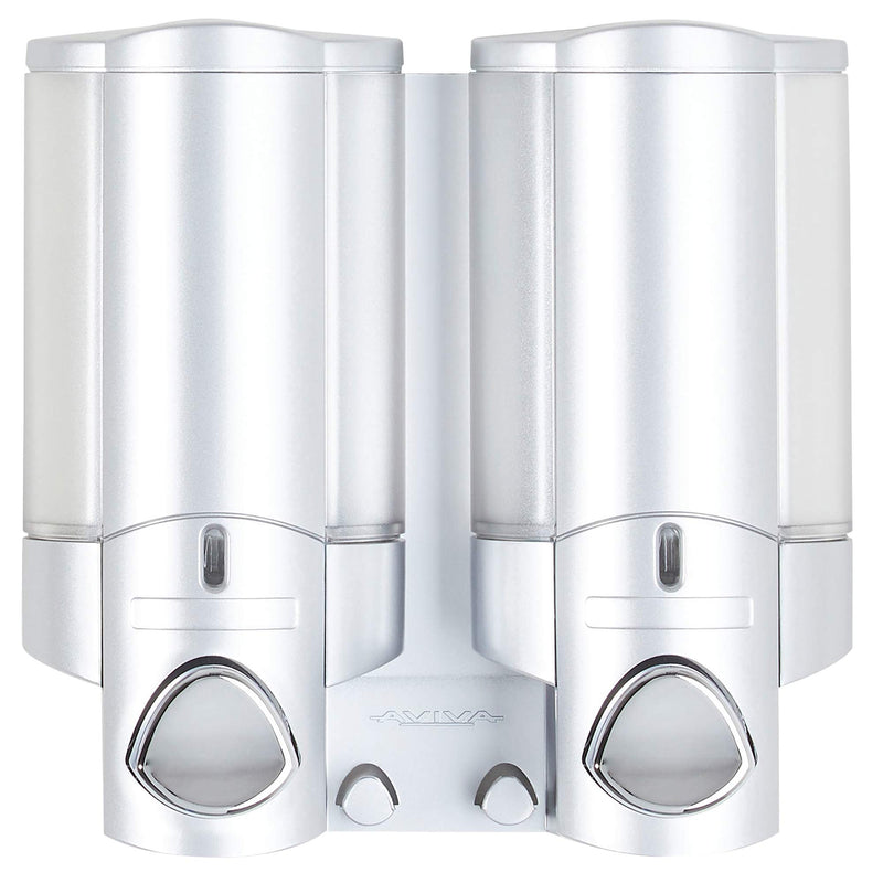 Better Living Aviva Shower Dispenser 2 Chamber, Wall Mount Shower Soap Dispenser for Bathroom Hotel Body Wash, Built-in Hooks, No Drill, Waterproof Shampoo Soap Dispenser, 2 x 11 oz, Satin Silver 2-Chamber