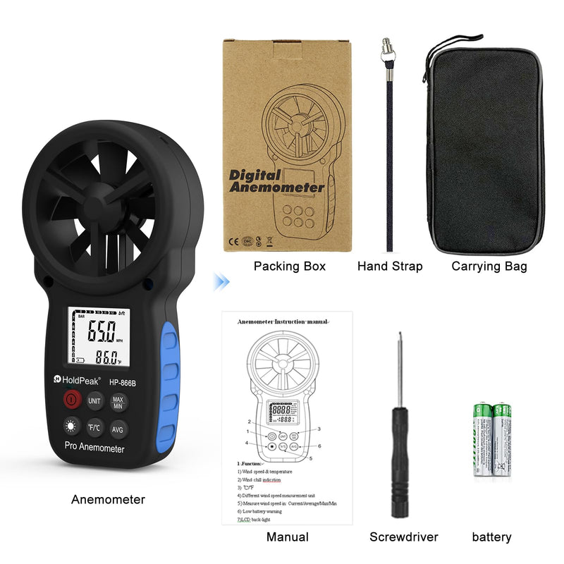HoldPeak 866B Digital Anemometer Handheld Wind Speed Meter for Measuring Wind Speed, Temperature and Wind Chill with Backlight and Max/Min 1Pcs 866B Anemometer