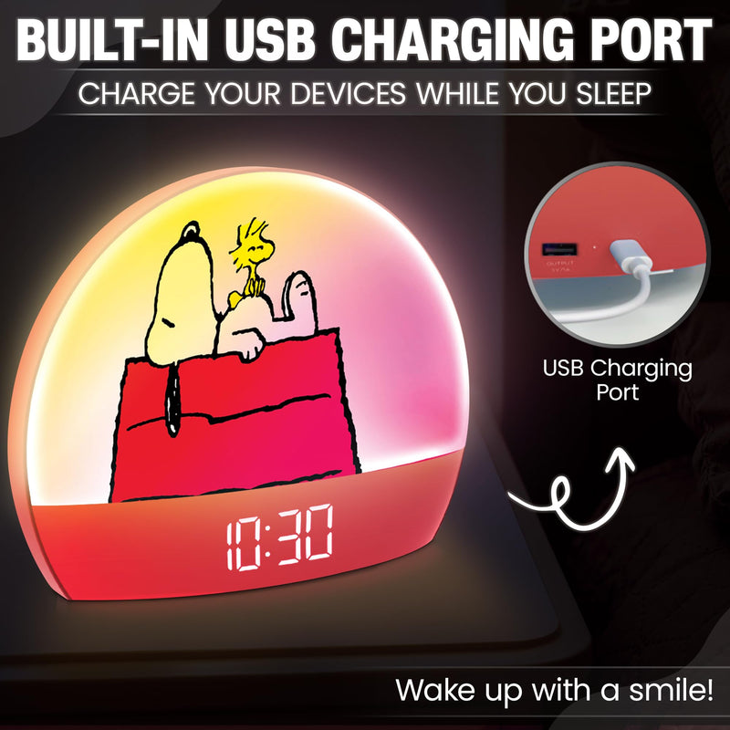 Peanuts Snoopy Sunrise Alarm Clock – Vibrant Snoopy Edition with Multicolor Lights, USB Charging, LED Display, Gentle Wake-Up Simulation, and Handy Snooze Function, Red