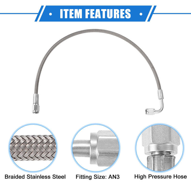 AN3 Braided Steel Turbo Oil Feed Line 90 Degree to Straight Hose End, 18" Remote Turbocharger Oil Drain Return Line Universal for Car Durable Stainless Steel PTFE Silver Tone 18 Inch