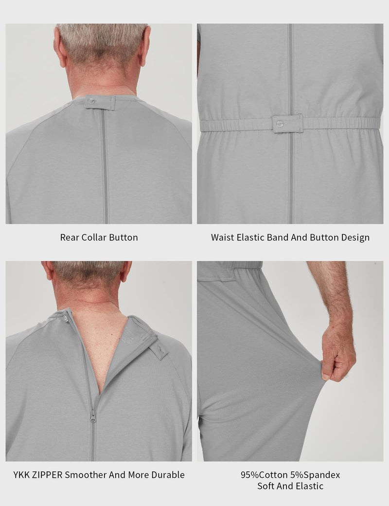 Adaptive Clothing for Men, Anti-Strip Back-Zip Jumpsuit Cotton Romper- Elderly Easy Care Onesie for Special Needs Gray Large