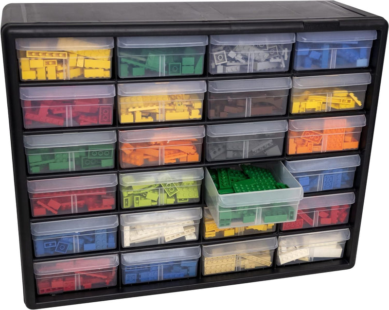 Akro-Mils 24-Drawer Plastic Drawer Storage Cabinet for Garage Organization, Bead Organizer, Building Bricks Storage, Teacher Toolbox, Makeup Organizer, 20" W x 6" D x 16" H, 10124 Black 24 Drawer 1 Pack