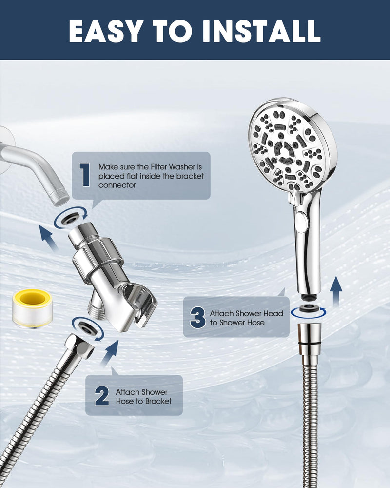 Handheld Shower Head with 6.56ft Extra Long Hose, On Off Switch 8-Seting High Preesure Hand Held Showerhead, Low-Reach Adhesive Holder for Kid, Disable& Elder (Chrome) Chrome