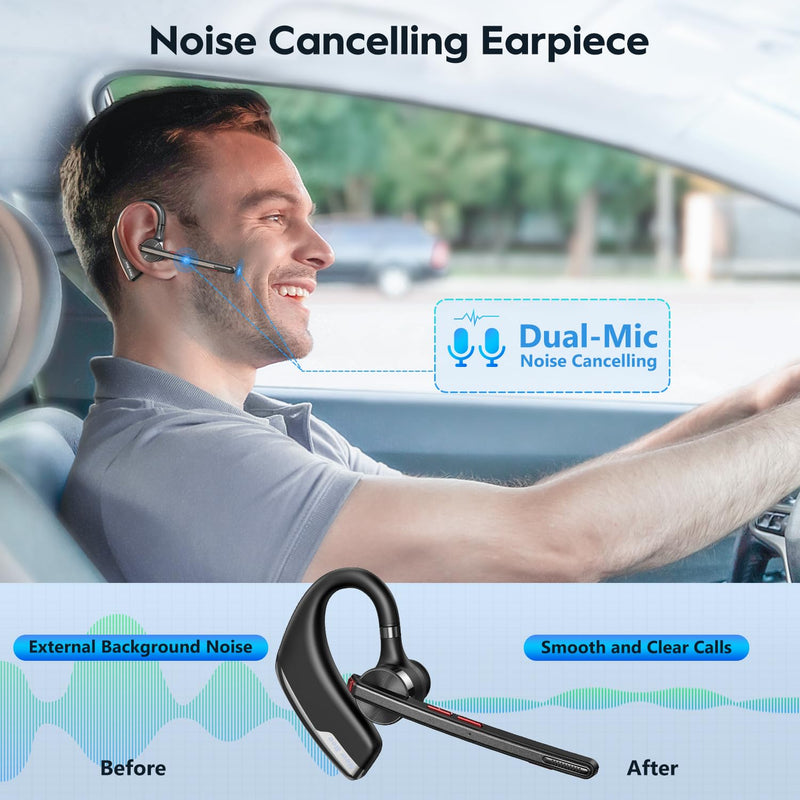 New Bee Bluetooth Headset, Dual Mic Noise Cancelling Bluetooth Earpiece | 80h Playtime, 500mah Charging Case,Crystal-Clear Calls, Bluetooth 5.2 Hands-Free Earphones for Office Driver 1 PACK