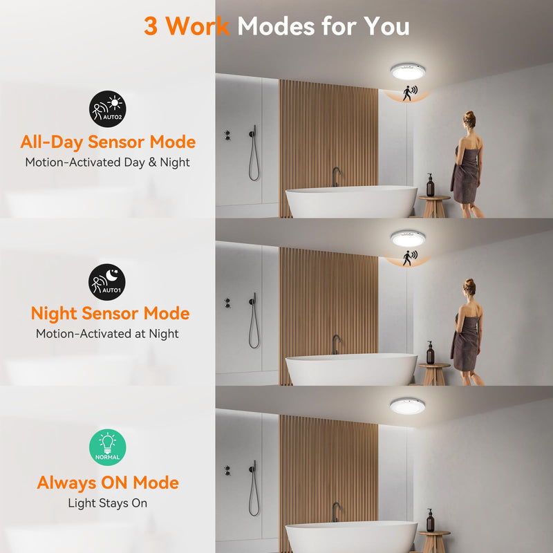 Rechargeable Motion Sensor Ceiling Light Indoor Outdoor w/Remote, 7.08 Inch Battery Operated Flush Mount Ceiling Light 3000K 4000K 6000K 400LM Dimmable for Closet Hallway Laundry Stairs (4) 4