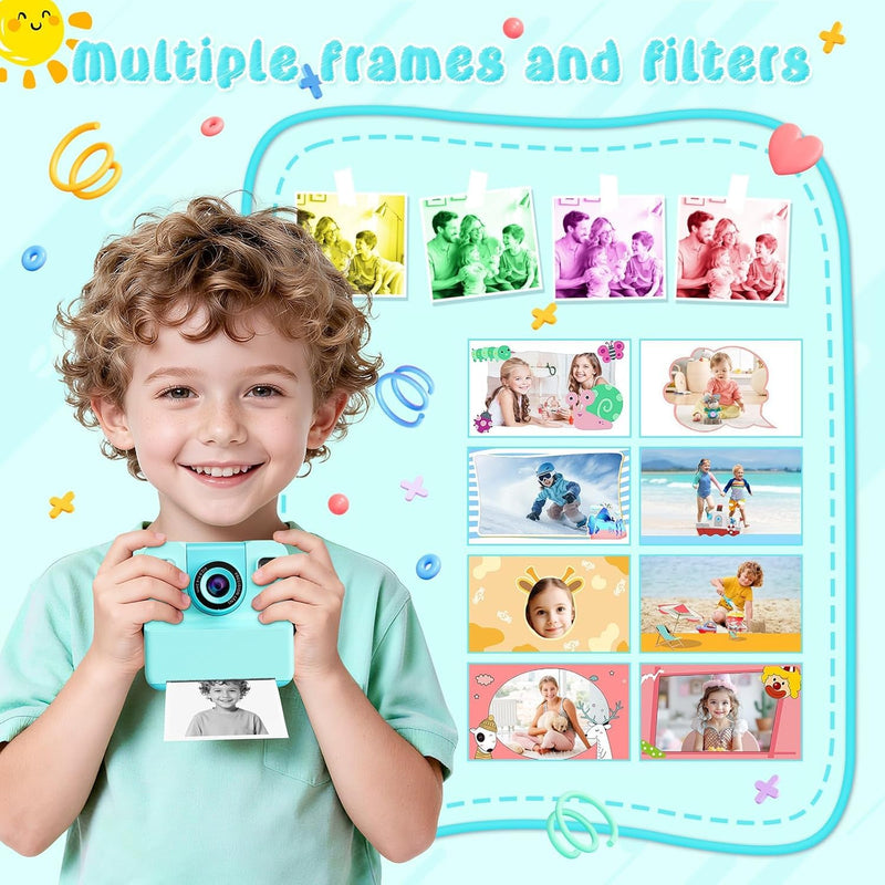 Alotwan Kids Instant Print Camera Video, 32GB Card, 3 Rolls Paper | Flip Lens, 48MP HD Digital Photo, Fun Photo Effects & Frames, Pocket Size Travel, Gift for Boys Girls