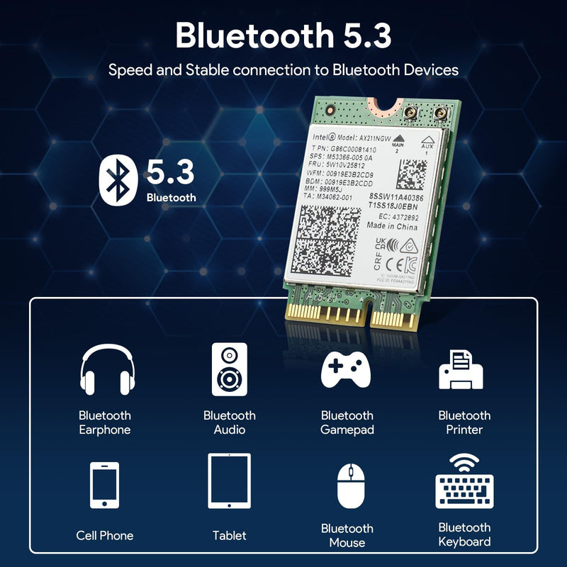 Intel AX211NGW Wi-Fi 6E Laptop Mobile Wireless Card: Tri-Band (2.4/5/6GHz), 2.4Gbps max Speed, Bluetooth 5.3, M.2 2230 CNVio2, MU-MIMO, OFDMA, Miracast. Support for Windows, Linux and Chrome. Wifi 6E