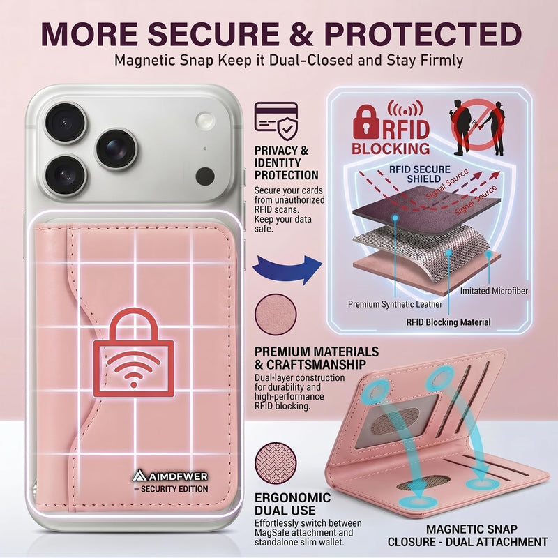 MagSafe Wallet Stand with ID Window, 7 Card Holder with RFID Blocking for MagSafe Phone and Case, Slim Leather Magnetic Wallet for iPhone 17e/17/16/15/14/13/12 Series(Pink) Pink