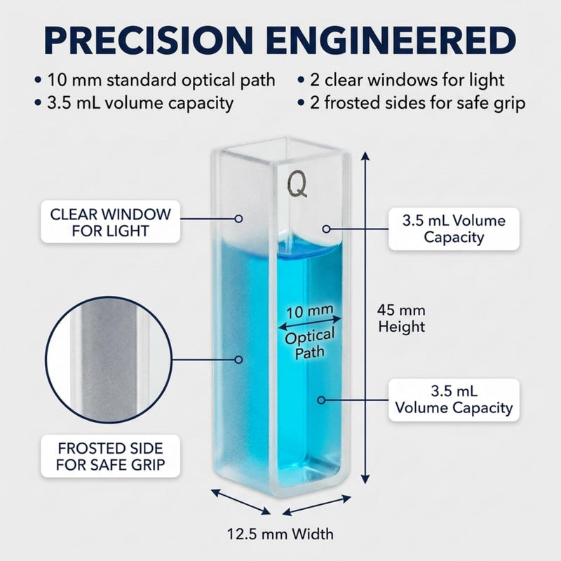 Quartz Cuvettes 4-Pack, UV-Vis-NIR 190–2500 nm, Standard 10 mm Path, 3.5 mL Capacity, 2 Polished & 2 Frosted Sides with PTFE Stoppers, by Lifestyle Visions