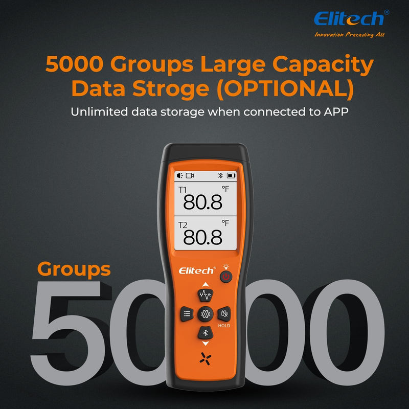 Elitech Bluetooth Thermocouple Thermometer Digital Temperature Data Logger K-Type, APP Real time Data, 5000 Points Capactiy(Optional),OTA Remote Firmware Upgrade, ADJ Compensation, 2 Channels HVAC Lab