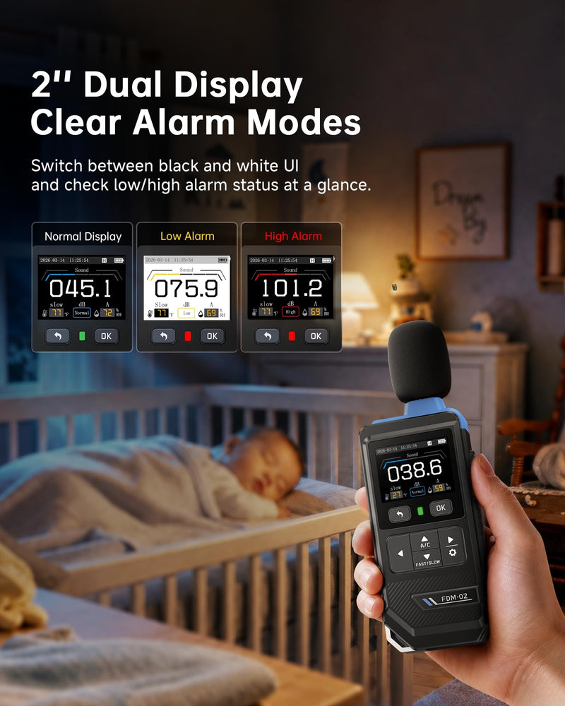 FNIRSI FDM-02 Decibel Meter, 30–130dB Sound Level Meter with 2" IPS Screen, A/C Weighting & Fast/Slow Response, Rechargeable for Home, Audio & Workplace Noise