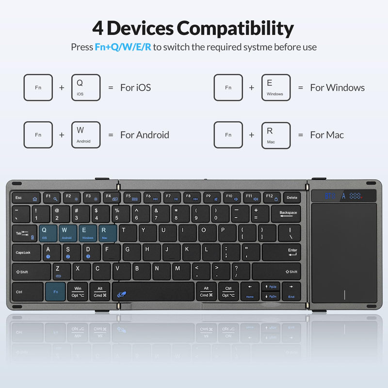 Rii RK809Pro Foldable Bluetooth Keyboard with Touchpad | Full Size,Portable Folding Keyboard with Touchpad,Rechargeable for iPad,iPhone,iOS,Windows,MAC,Android