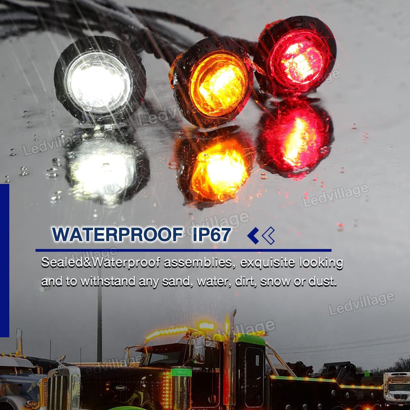 Pack of 30 3/4 Inch Mini Round 10 Amber + 10 Red + 10 White 3 LED Trailer Side Marker Button Lights Clearance Signal Lamp Boat Lorry Truck Pickup Bus 12V DC