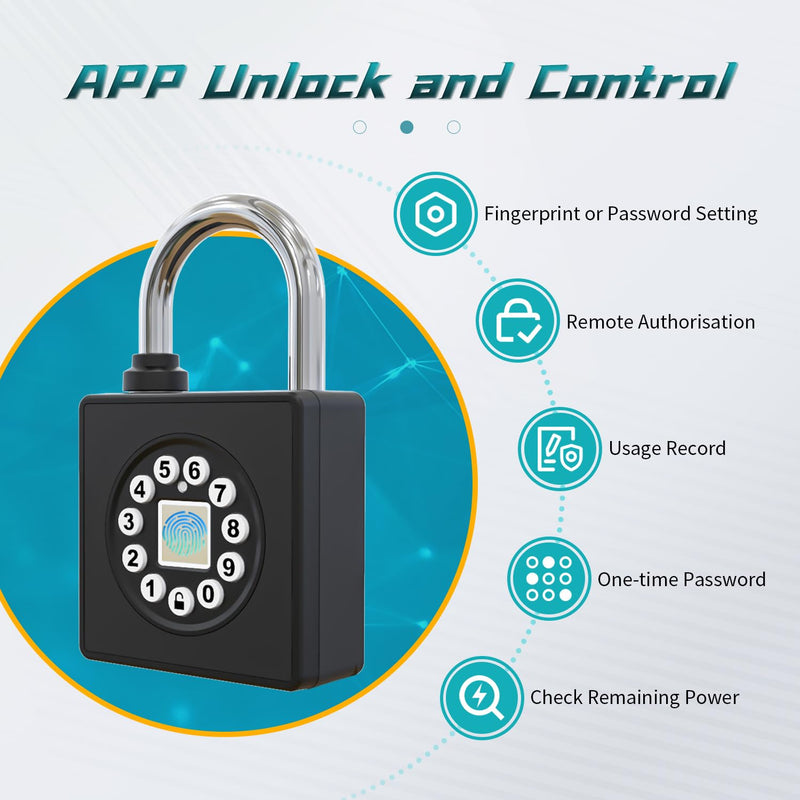 SFW Fingerprint Padlock with Key,Heavy Duty Combination Lock Locker,Water Resistance with Codes APP Access for Outdoor Fence Gate Pool Shed Gym Lock Storage