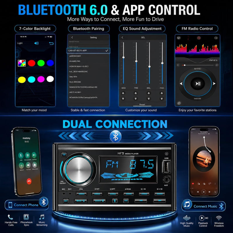 LSLYA Double Din Car Stereo with Bluetooth, FM Radio, USB/AUX, No CD Player | 2 Din Car Radio Retro with App Control, USB/AUX, Voice Assistant, 7-Color Backlight, Remote Control, USB Port & AUX Input Black