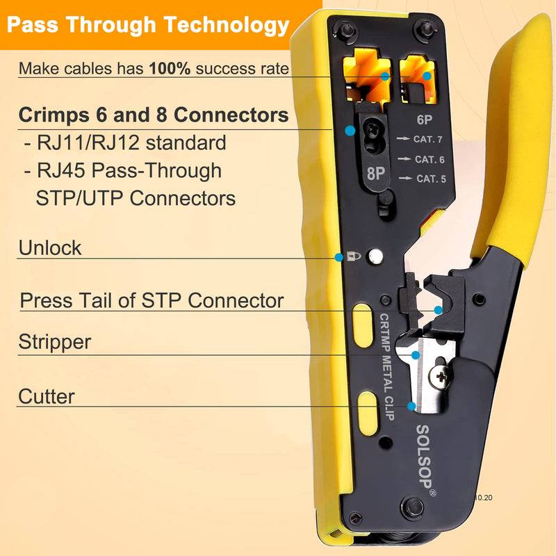 Solsop Pass Through RJ45 Crimp Tool Kit All-in-One Ethernet Crimper Cat7 Cat6 Cat5 Crimping Tool with Network Cable Tester, 50-Pack Cat6 RJ45 Pass Through Connector, 50-Pack Connector Boots RJ45 Crimper Set Yellow-A