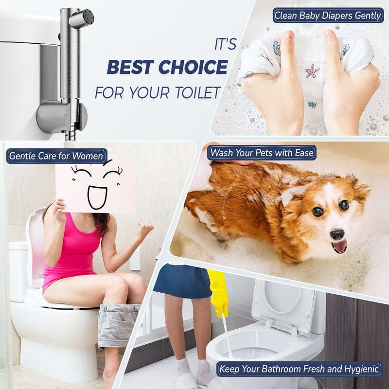 BIGCOW Stainless Steel Handheld Bidet Sprayer for Toilet, Stepless Water Pressure Control, Gentle Toilet Jet Spray with Leak-Proof Bidet Hose, Ideal for Feminine Hygiene, Cloth Diaper, Pet Cleaning