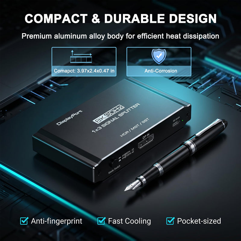 DisplayPort Splitter 1 in 3 Out, 8K@60Hz DSC, Triple Display MST Hub, DisplayPort Multi-Monitor Adapter, Extended/Mirror Mode for Desktops/Graphics Cards (AMD/Intel), for HP/Dell/Mini PC