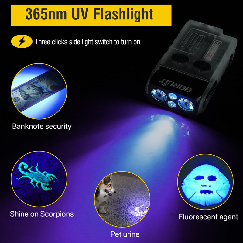 Boruit V20 Small Powerful Flashlight Super Bright with 365nm UV, Red Blue Green Warm Light, 180° Swivels, 110dB Buzzer, Mini Keychain Pocket Rechargeable LED Flashlights Usb EDC Clip Flash Light White Fluorescent UV light version